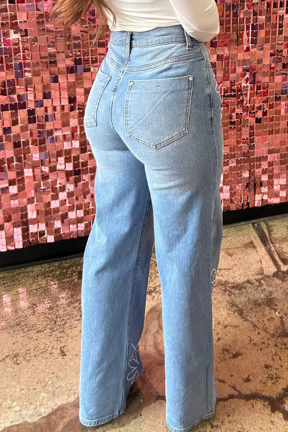 Blue Zone Planet | Light Blue Floral Rhinestone Decor High Rise Wide Leg Jeans-Bottoms/Jeans-[Adult]-[Female]-2022 Online Blue Zone Planet