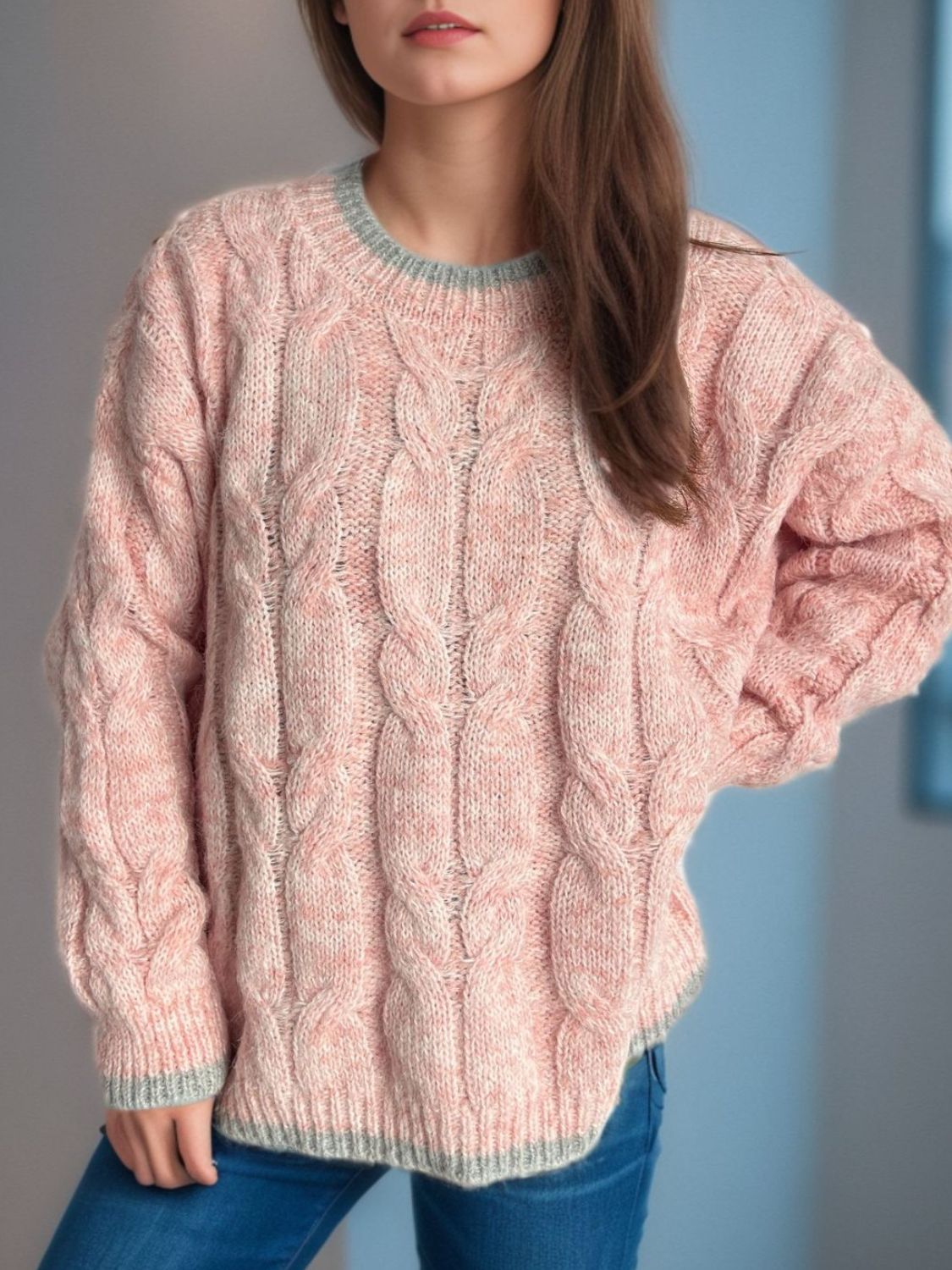 Blue Zone Planet | Cable Knit Round Neck Long Sleeve Sweater-TOPS / DRESSES-[Adult]-[Female]-Watermelon pink-One Size-2022 Online Blue Zone Planet