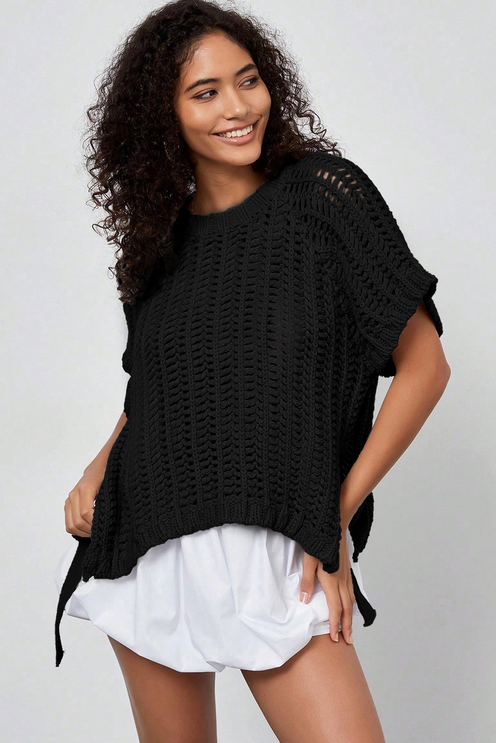 Black Plus Size Open Knit Bow Tie Short Sleeve Sweater-Plus Size/Plus Size Sweaters & Cardigans-[Adult]-[Female]-2022 Online Blue Zone Planet