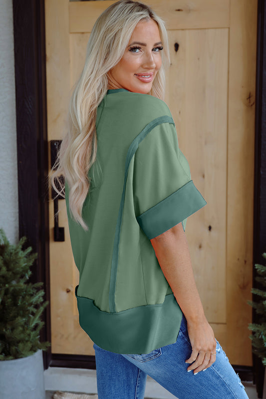 Smoke Green Half Sleeve Raw Seam High Low Side Split Top-Tops/Tops & Tees-[Adult]-[Female]-2022 Online Blue Zone Planet
