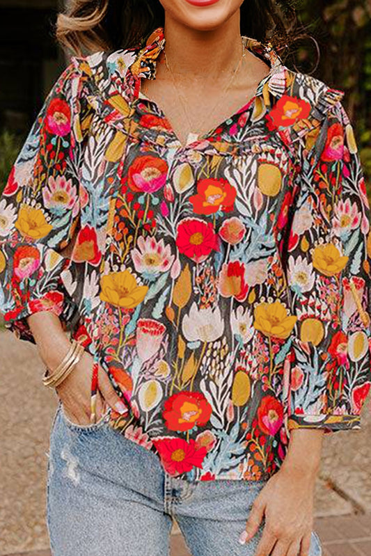 Black Floral 3/4 Puff Sleeve Tied Neck Blouse-Tops/Blouses & Shirts-[Adult]-[Female]-2022 Online Blue Zone Planet