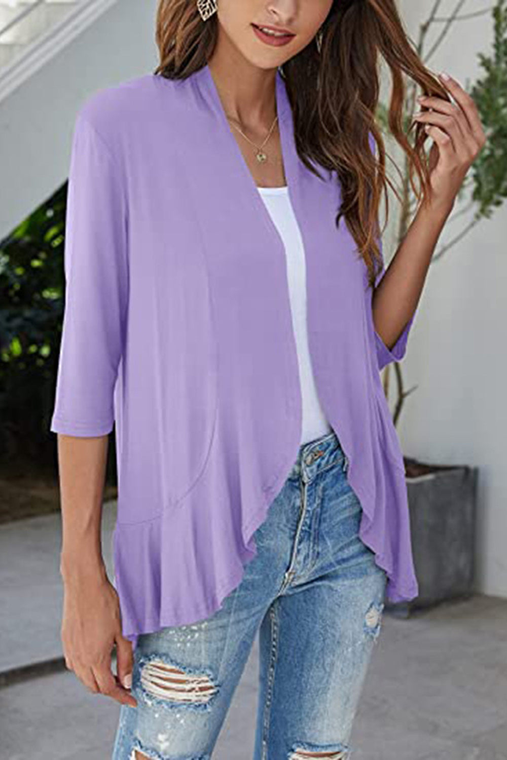 Open Front Three-Quarter Sleeve Cardigan-TOPS / DRESSES-[Adult]-[Female]-Lavender-S-2022 Online Blue Zone Planet