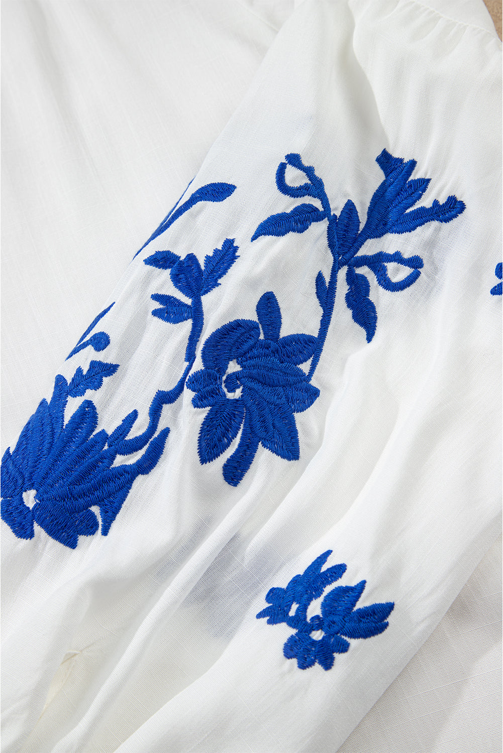 White Floral Embroidered Drawstring V Neck Blouse-Tops/Blouses & Shirts-[Adult]-[Female]-2022 Online Blue Zone Planet