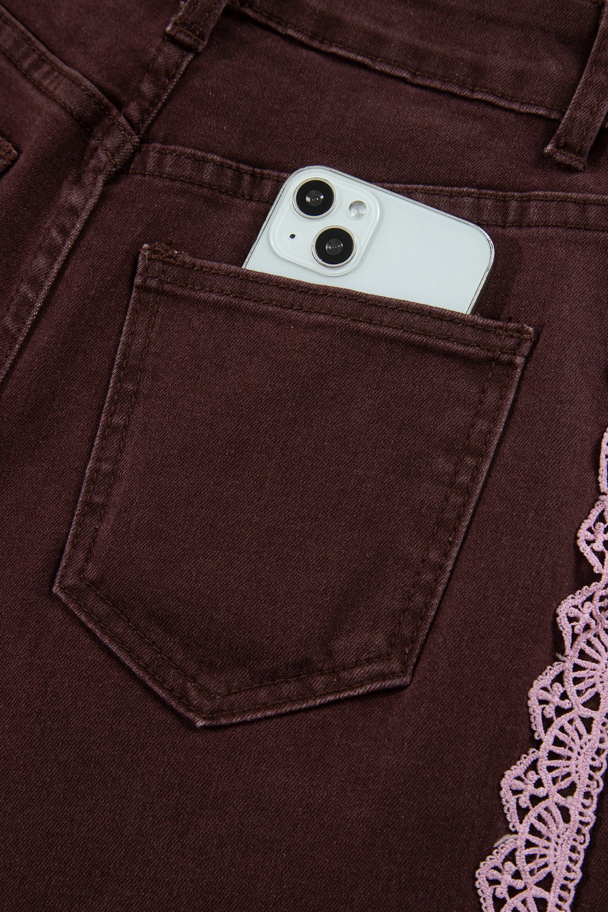 Coffee Lace Trim Casual Full-Length Regular Fit Jeans-Bottoms/Jeans-[Adult]-[Female]-2022 Online Blue Zone Planet