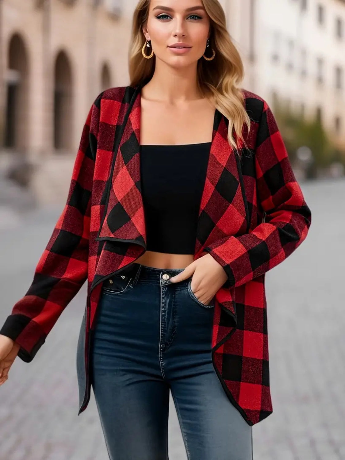 Plaid Open Front Long Sleeve Jacket-TOPS / DRESSES-[Adult]-[Female]-2022 Online Blue Zone Planet