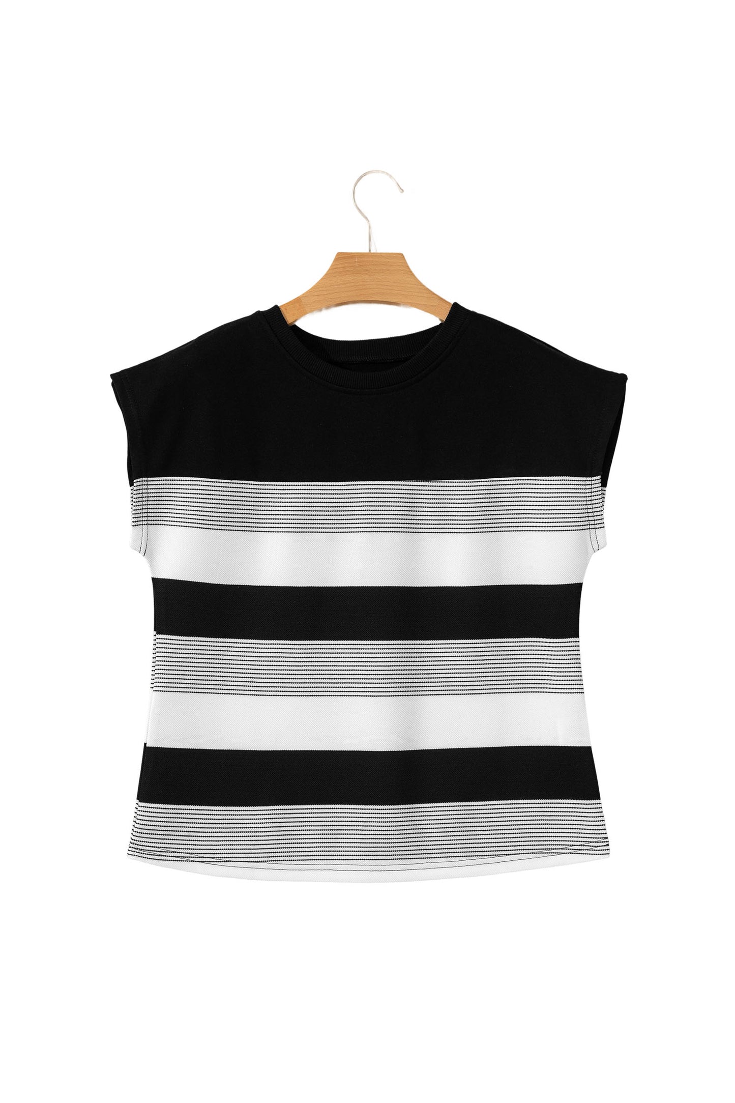 Black Stripe Mixed Print Crew Neck Cap Sleeve T Shirt-Tops/Tops & Tees-[Adult]-[Female]-2022 Online Blue Zone Planet