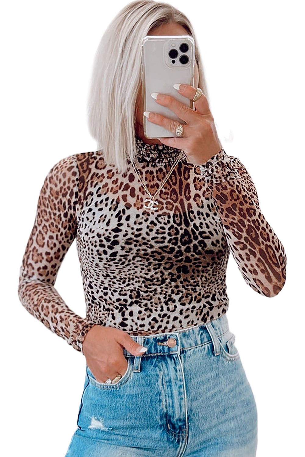 Brown Leopard Smocked Neck Mesh Long Sleeve Bodysuit-Tops/Bodysuits-[Adult]-[Female]-2022 Online Blue Zone Planet