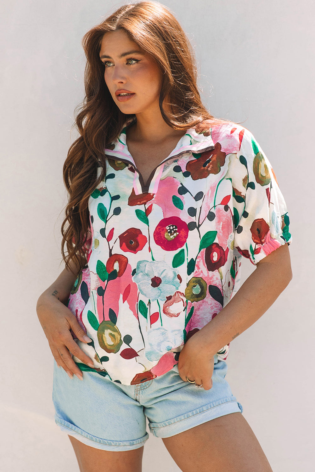 Pink Floral Print Slit V Neck Short Sleeve Blouse-Tops/Blouses & Shirts-[Adult]-[Female]-2022 Online Blue Zone Planet
