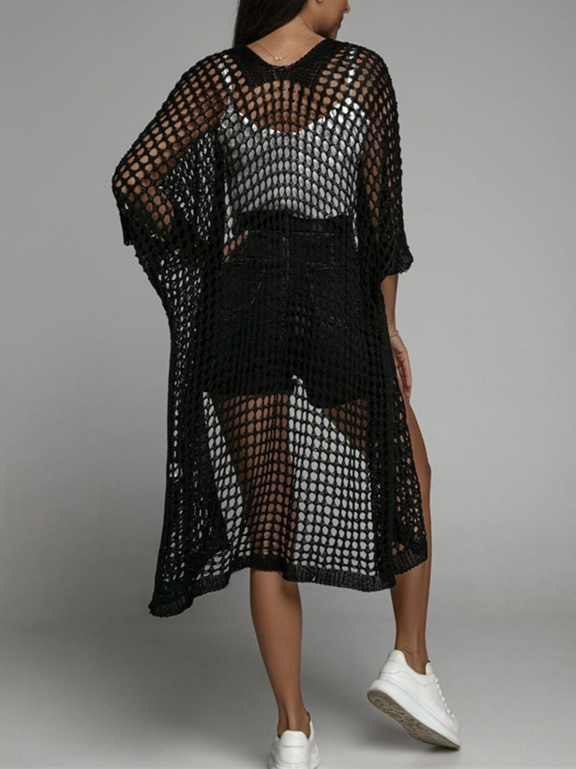 Openwork Open Front Three-Quarter Sleeve Cover Up-TOPS / DRESSES-[Adult]-[Female]-Black-S-2022 Online Blue Zone Planet