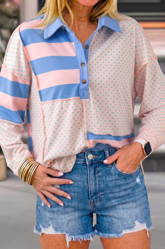 Pink Striped Polka Dot Patchwork Polo Collar Long Sleeve Top-Tops/Long Sleeve Tops-[Adult]-[Female]-Pink-S-2022 Online Blue Zone Planet