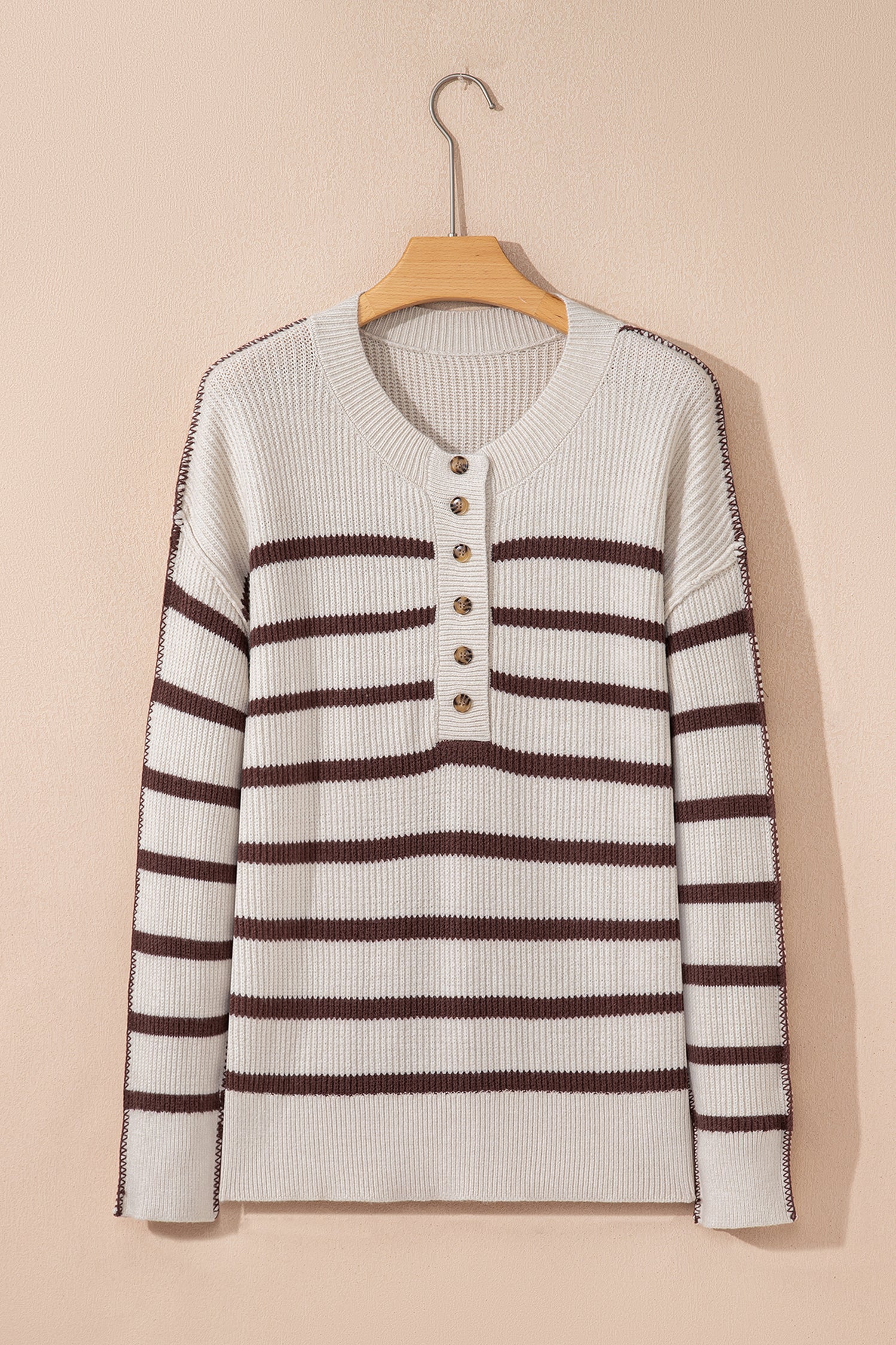 Brown Stripe Ribbed Henley Drop Shoulder Slouchy Sweater-TOPS / DRESSES-[Adult]-[Female]-2022 Online Blue Zone Planet