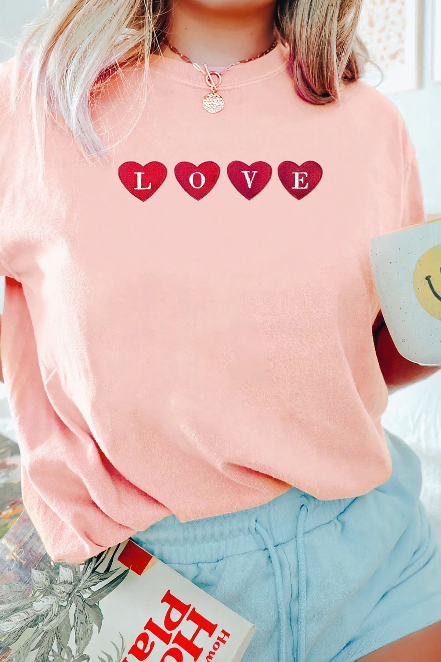 Pink Love In Hearts Embroidered Graphic Tee-Graphic Tees-[Adult]-[Female]-2022 Online Blue Zone Planet