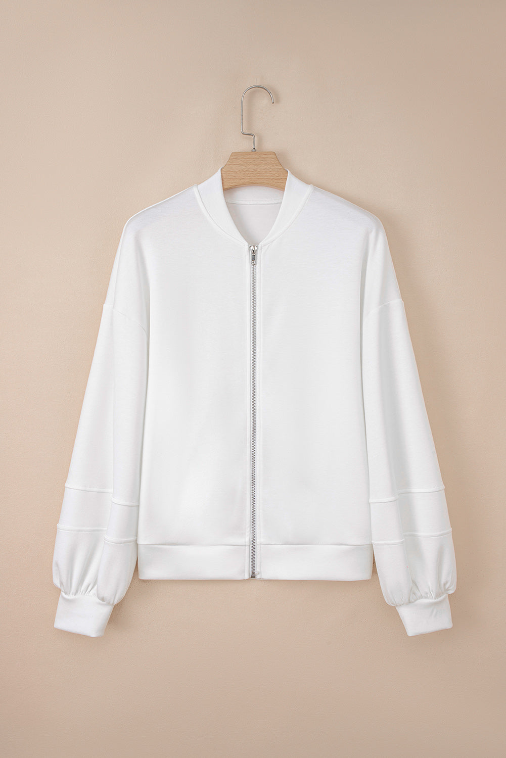 White Solid Color Zip Up Knit Puff Sleeve Jacket-Outerwear/Jackets-[Adult]-[Female]-2022 Online Blue Zone Planet