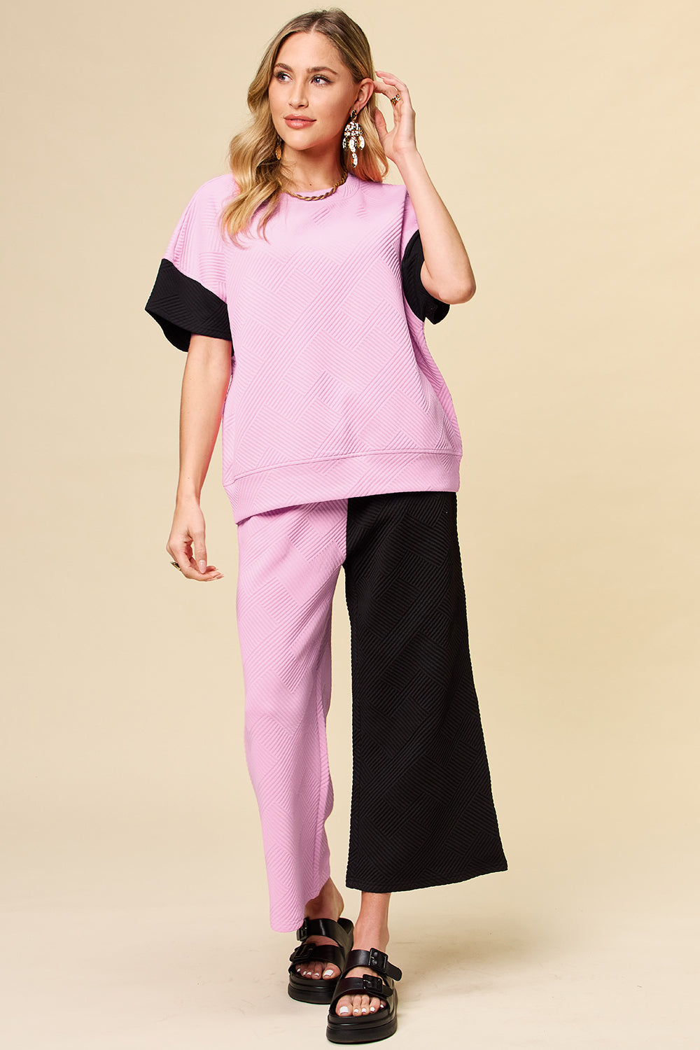 Double Take Full Size Texture Contrast T-Shirt and Wide Leg Pants Set-TOPS / DRESSES-[Adult]-[Female]-Pink-S-2022 Online Blue Zone Planet