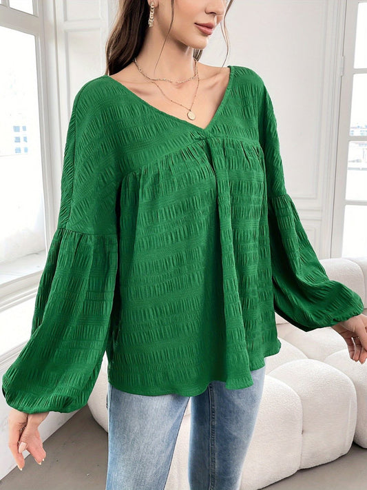 Plus Size Texture V-Neck Long Sleeve Top-TOPS / DRESSES-[Adult]-[Female]-Dark Green-0XL-2022 Online Blue Zone Planet