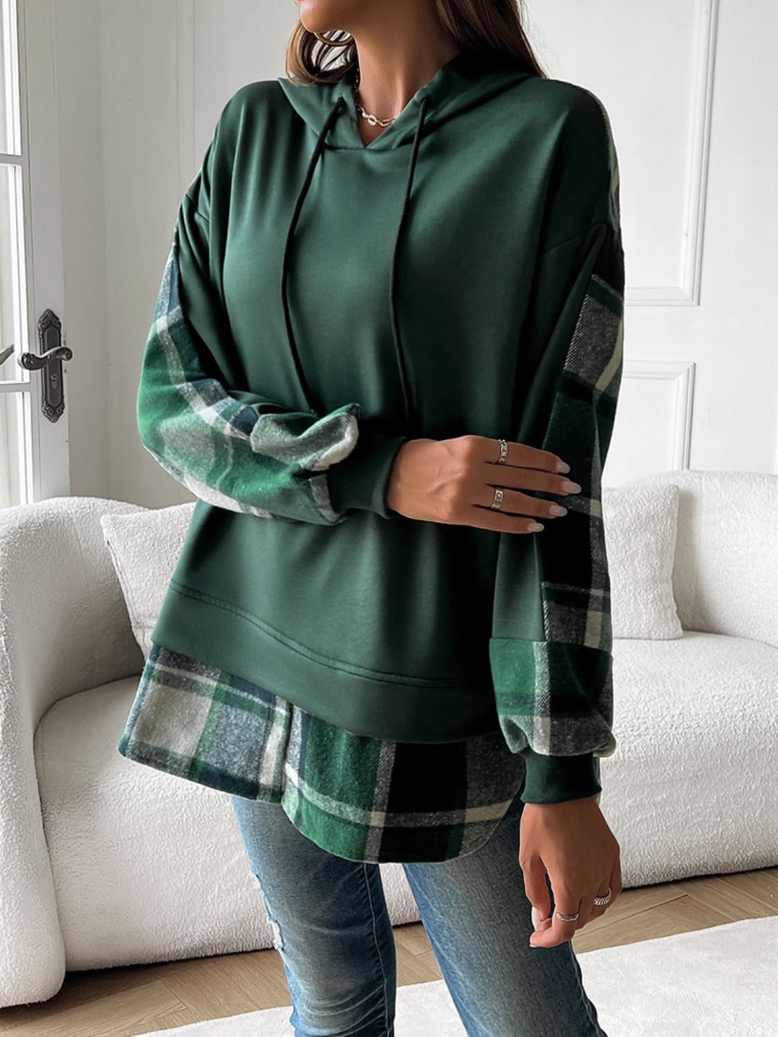 Devine Drawstring Plaid Long Sleeve Hoodie-TOPS / DRESSES-[Adult]-[Female]-Dark Green-S-2022 Online Blue Zone Planet