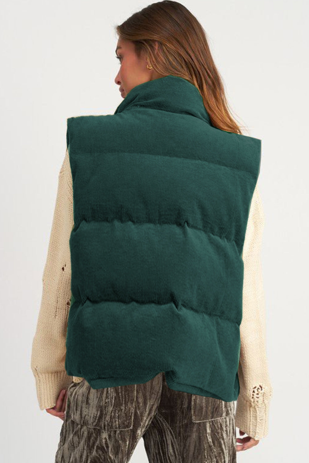 Blue Zone Planet | Jungle Green Corduroy Stand Neck Zipped Puffer Vest-Outerwear/Vests-[Adult]-[Female]-2022 Online Blue Zone Planet