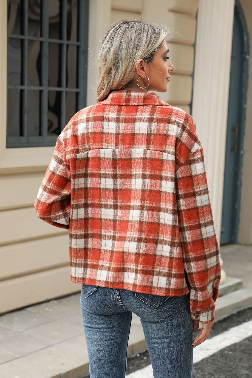 Pocketed Plaid Collared Neck Dropped Shoulder Jacket-TOPS / DRESSES-[Adult]-[Female]-2022 Online Blue Zone Planet