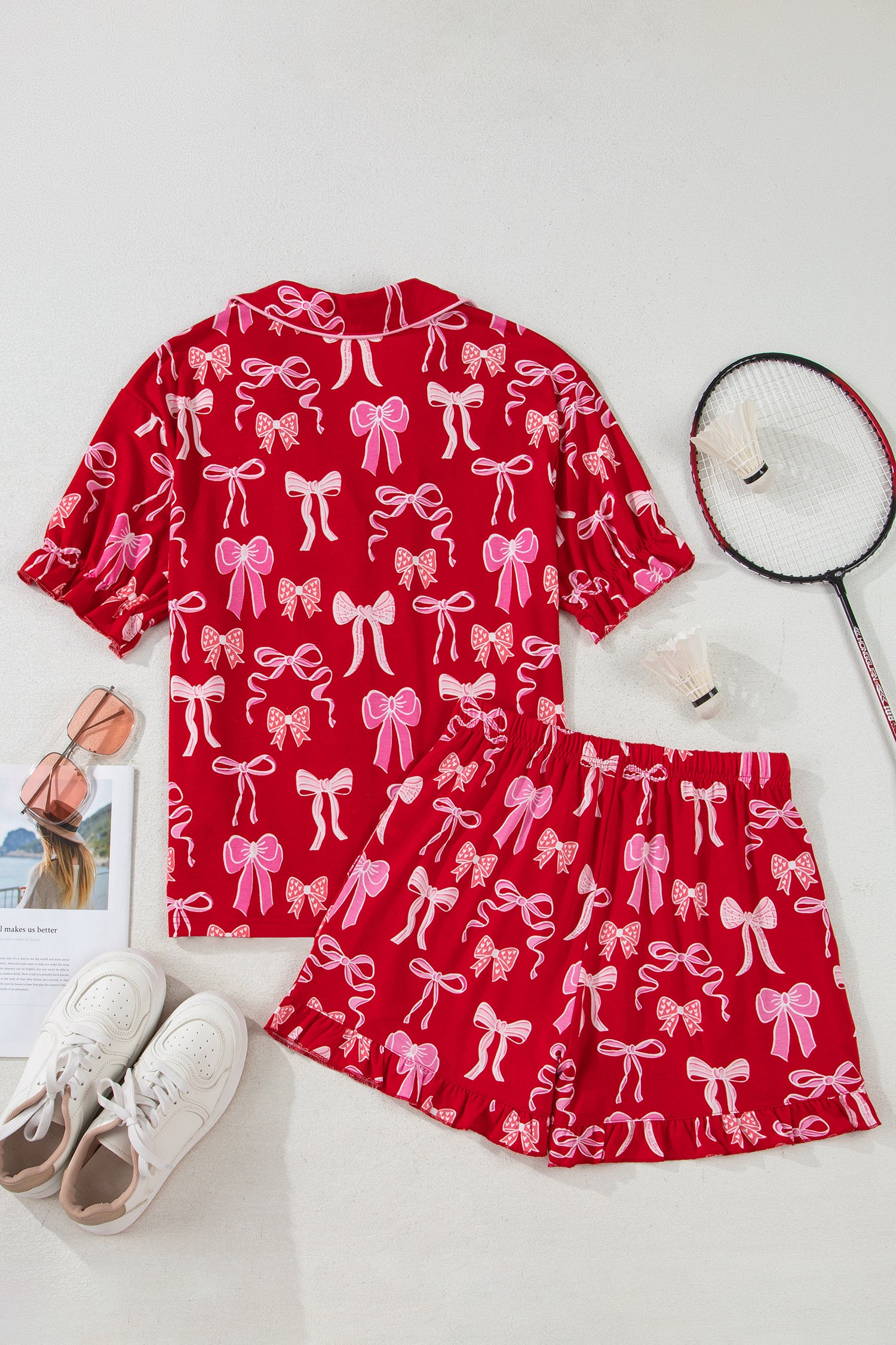 Red Sweet Bow Print Ruffled Short Sleeve Shirt Shorts 2pcs Pajama Set-Loungewear & Sleepwear/Sleepwear-[Adult]-[Female]-2022 Online Blue Zone Planet