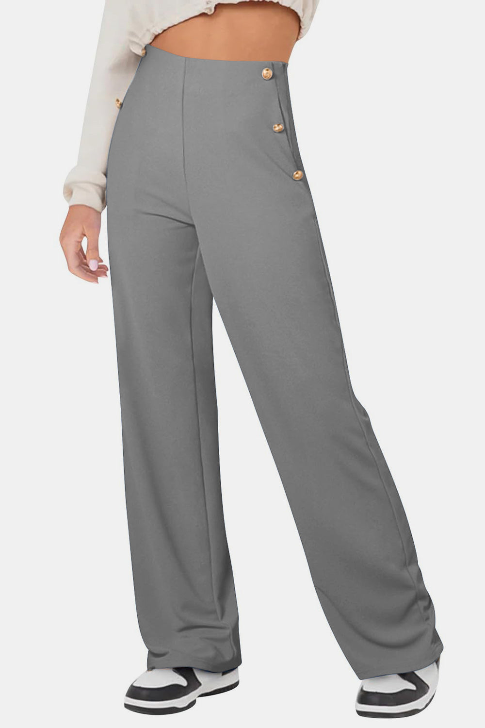 Decorative Button High Rise Pants-BOTTOMS SIZES SMALL MEDIUM LARGE-[Adult]-[Female]-2022 Online Blue Zone Planet