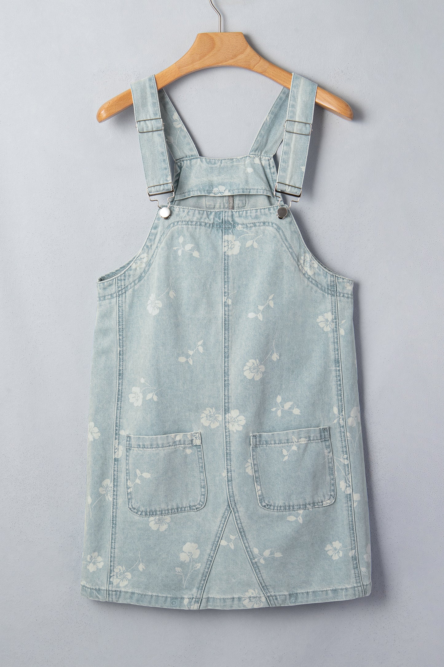 Sky Blue Retro Wash Denim Floral Print Overall Mini Dress-TOPS / DRESSES-[Adult]-[Female]-2022 Online Blue Zone Planet