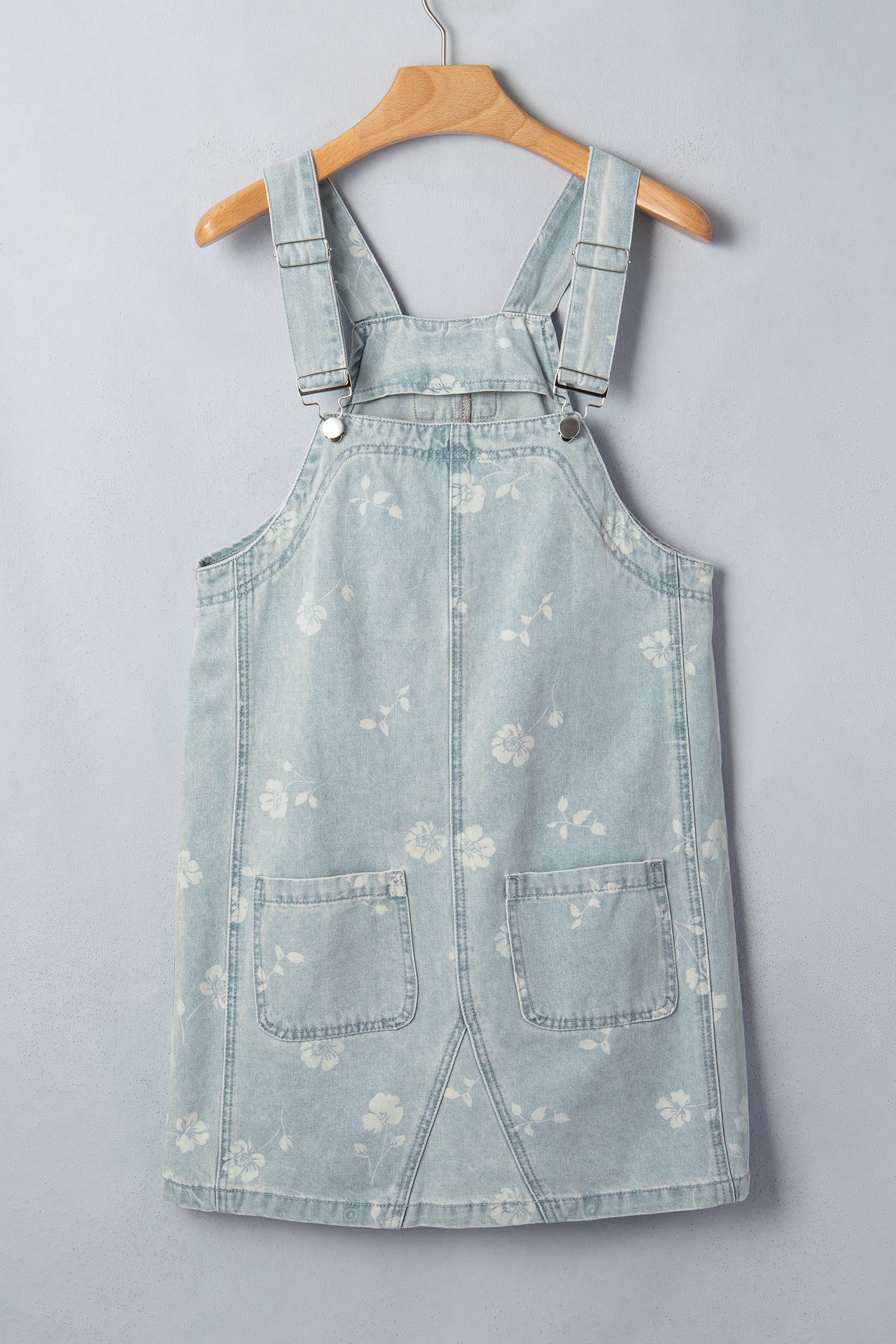 Sky Blue Retro Wash Denim Floral Print Overall Mini Dress-TOPS / DRESSES-[Adult]-[Female]-2022 Online Blue Zone Planet