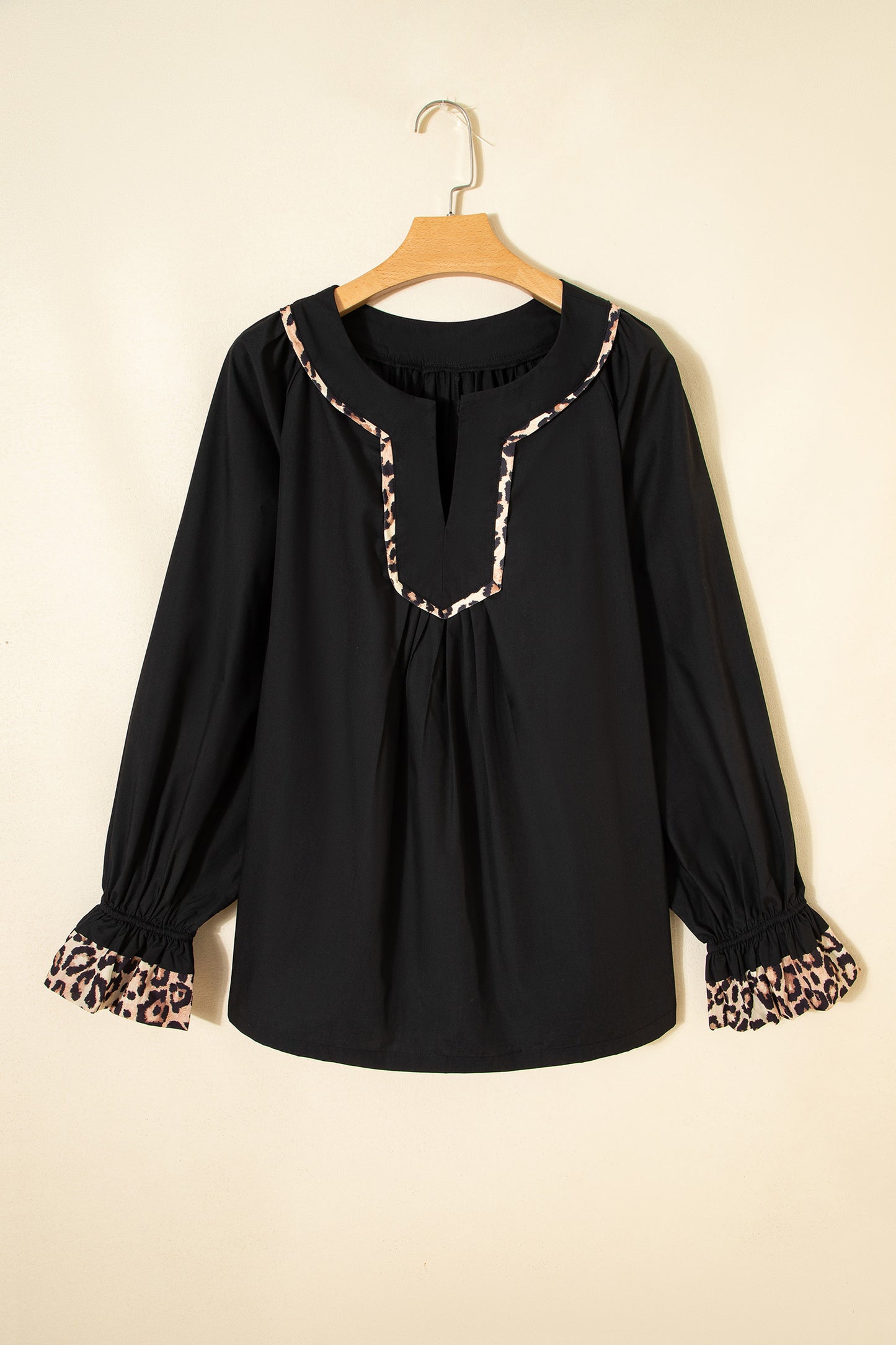 Black Plus Size Split Neck Leopard Trim Flounced Long Sleeve Blouse-Plus Size/Plus Size Tops/Plus Size Blouses & Shirts-[Adult]-[Female]-2022 Online Blue Zone Planet