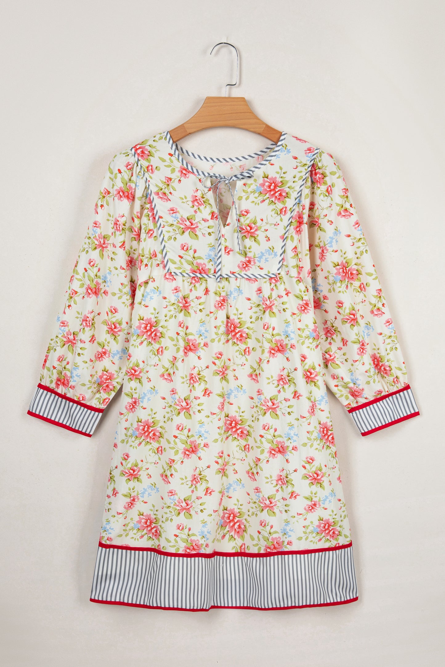 Apricot Striped Edge 3/4 Puff Sleeve Floral Dress-TOPS / DRESSES-[Adult]-[Female]-2022 Online Blue Zone Planet