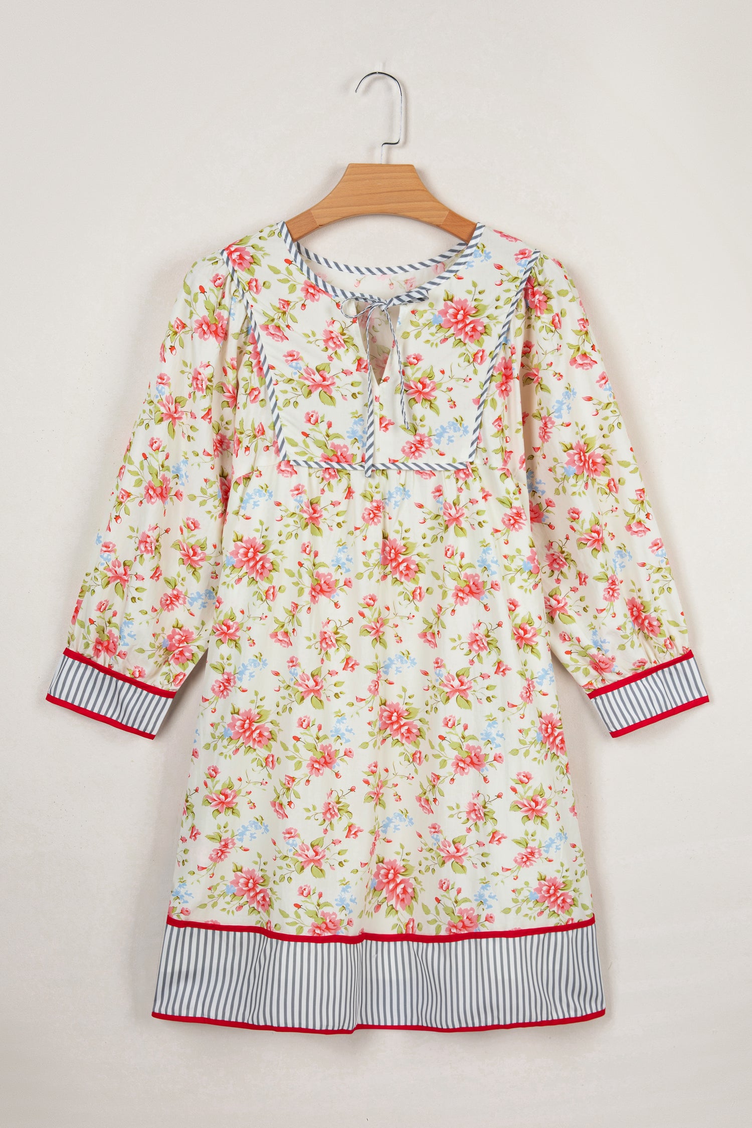 Apricot Striped Edge 3/4 Puff Sleeve Floral Dress-TOPS / DRESSES-[Adult]-[Female]-2022 Online Blue Zone Planet