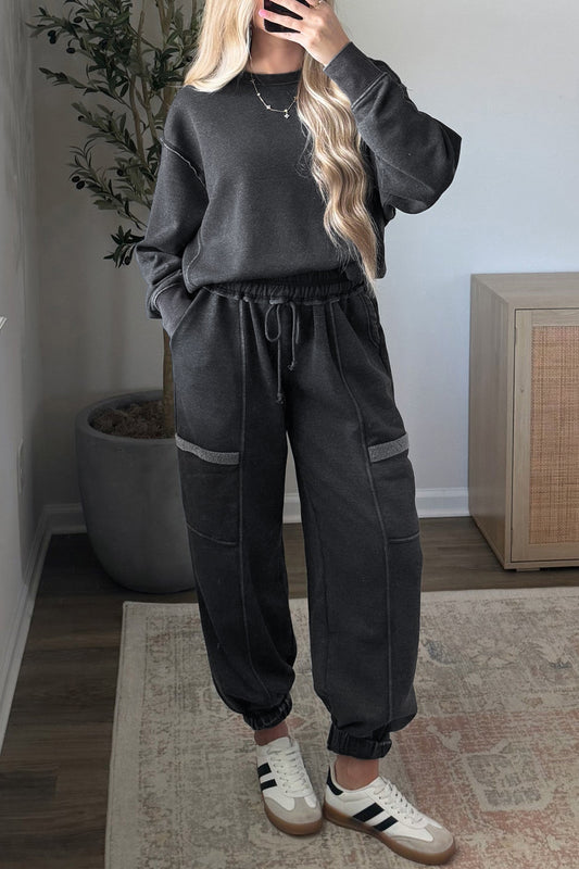 Carbon Grey Solid Colorblock Jogger Pants Set-Two Piece Sets/Pant Sets-[Adult]-[Female]-2022 Online Blue Zone Planet