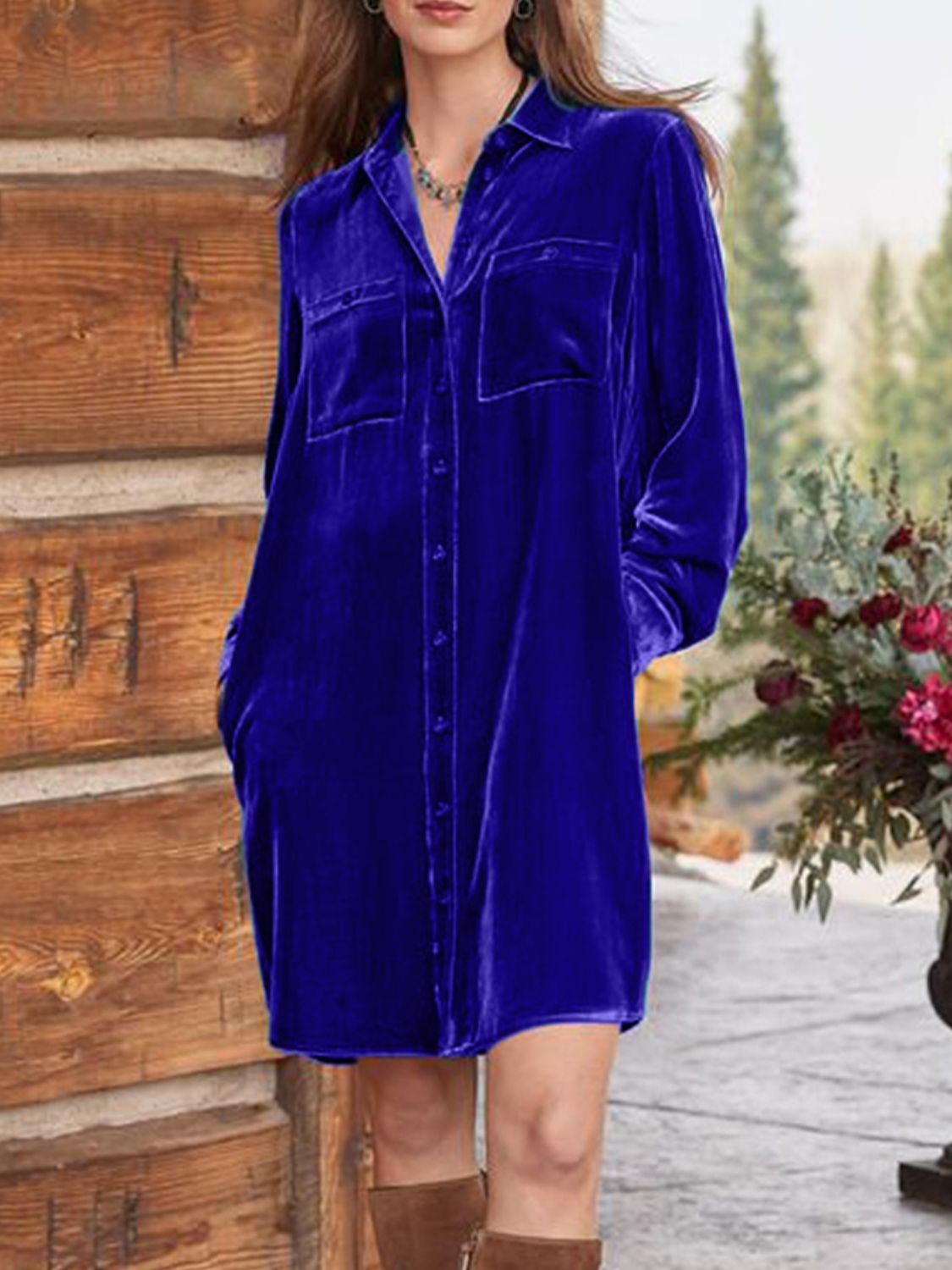 High-Low Button Up Long Sleeve Knee Length Dress-TOPS / DRESSES-[Adult]-[Female]-Royal Blue-S-2022 Online Blue Zone Planet