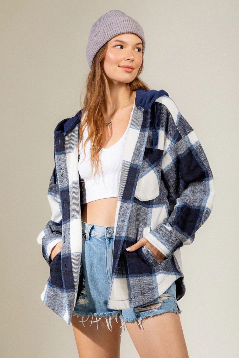 Drawstring Plaid Dropped Shoulder Hooded Shacket-TOPS / DRESSES-[Adult]-[Female]-2022 Online Blue Zone Planet