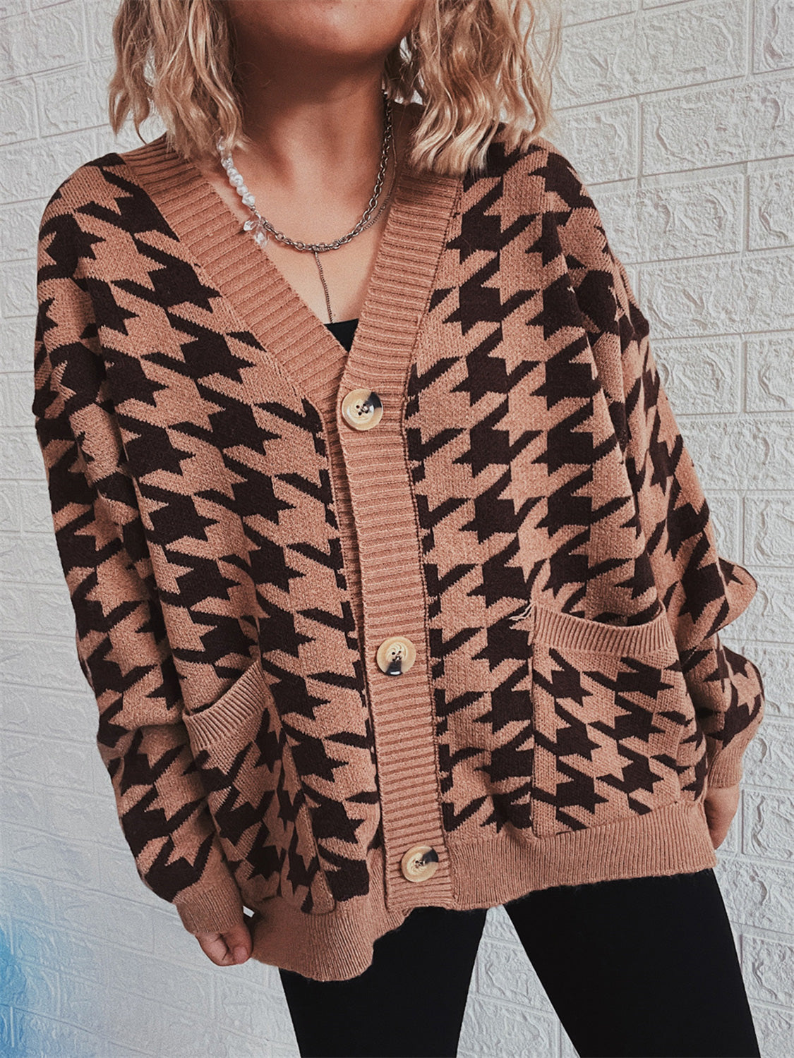 Houndstooth Botton Front Cardigan with Pockets-TOPS / DRESSES-[Adult]-[Female]-Caramel-S-2022 Online Blue Zone Planet