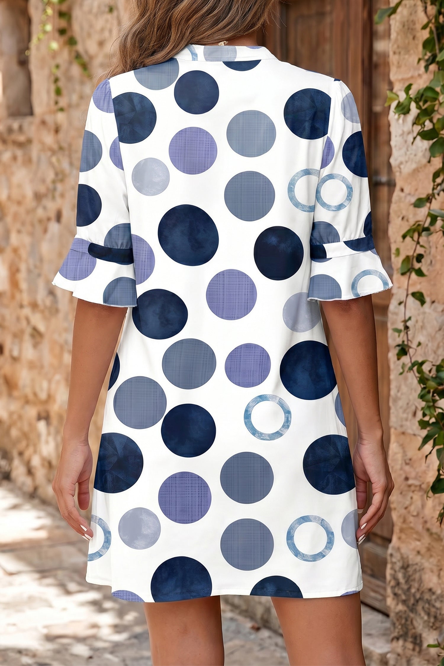 Green Polka Dot Print Flounced Half Sleeve Casual Vacation Style Mini Dress-TOPS / DRESSES-[Adult]-[Female]-2022 Online Blue Zone Planet