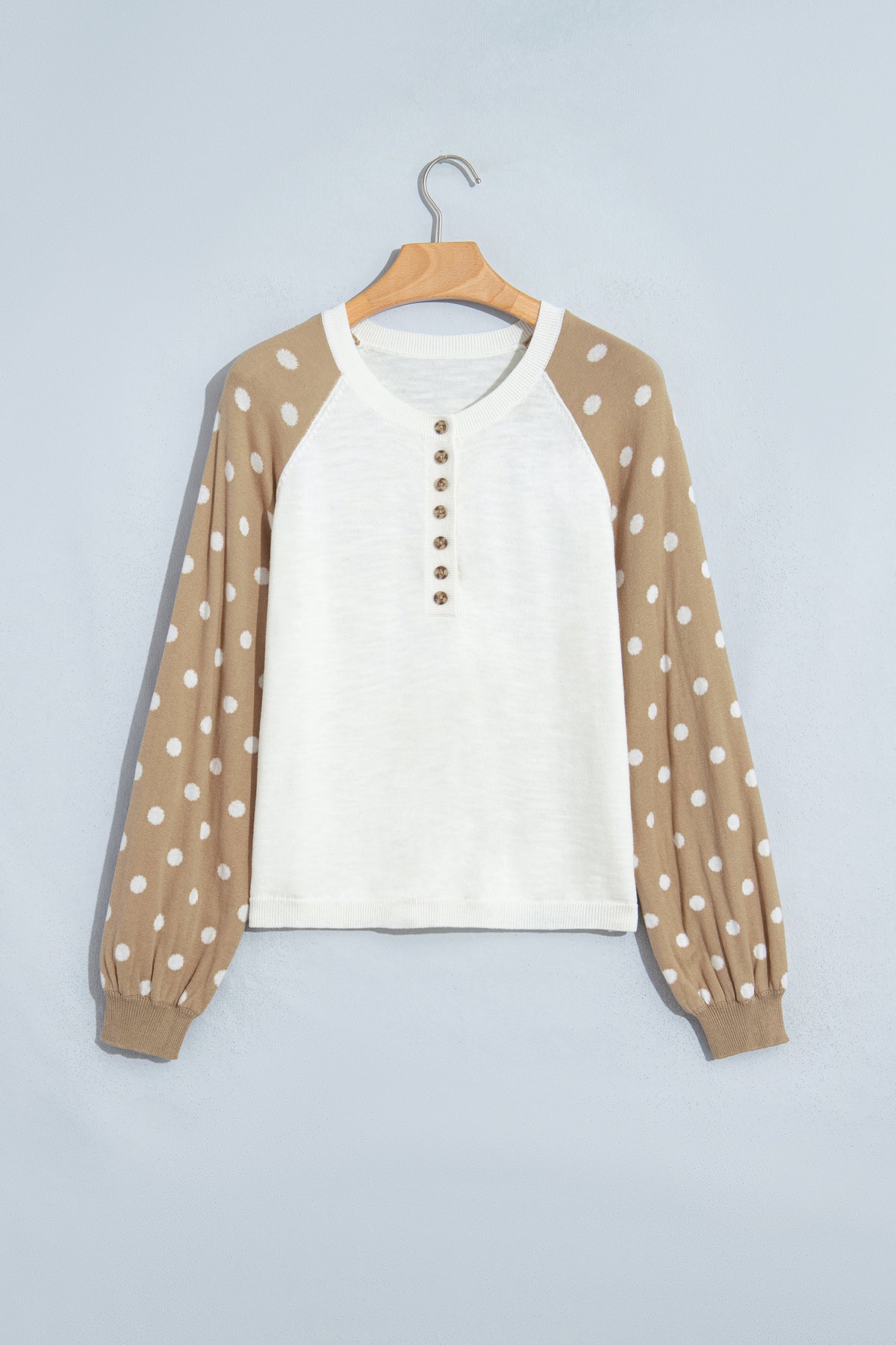 Khaki Polka Dot Contrast Long Sleeve Button V Neck Sweater-Sweaters & Cardigans/Sweaters-[Adult]-[Female]-2022 Online Blue Zone Planet