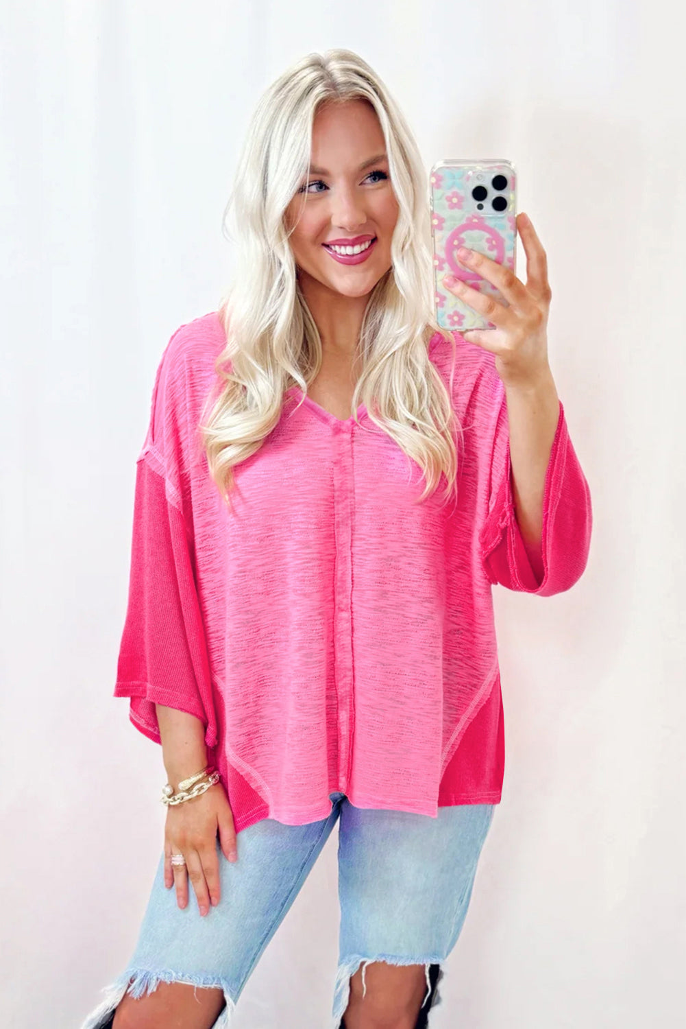 Sachet Pink Contrast Patchwork 3/4 Sleeve V Neck Loose Blouse-Tops/Blouses & Shirts-[Adult]-[Female]-2022 Online Blue Zone Planet