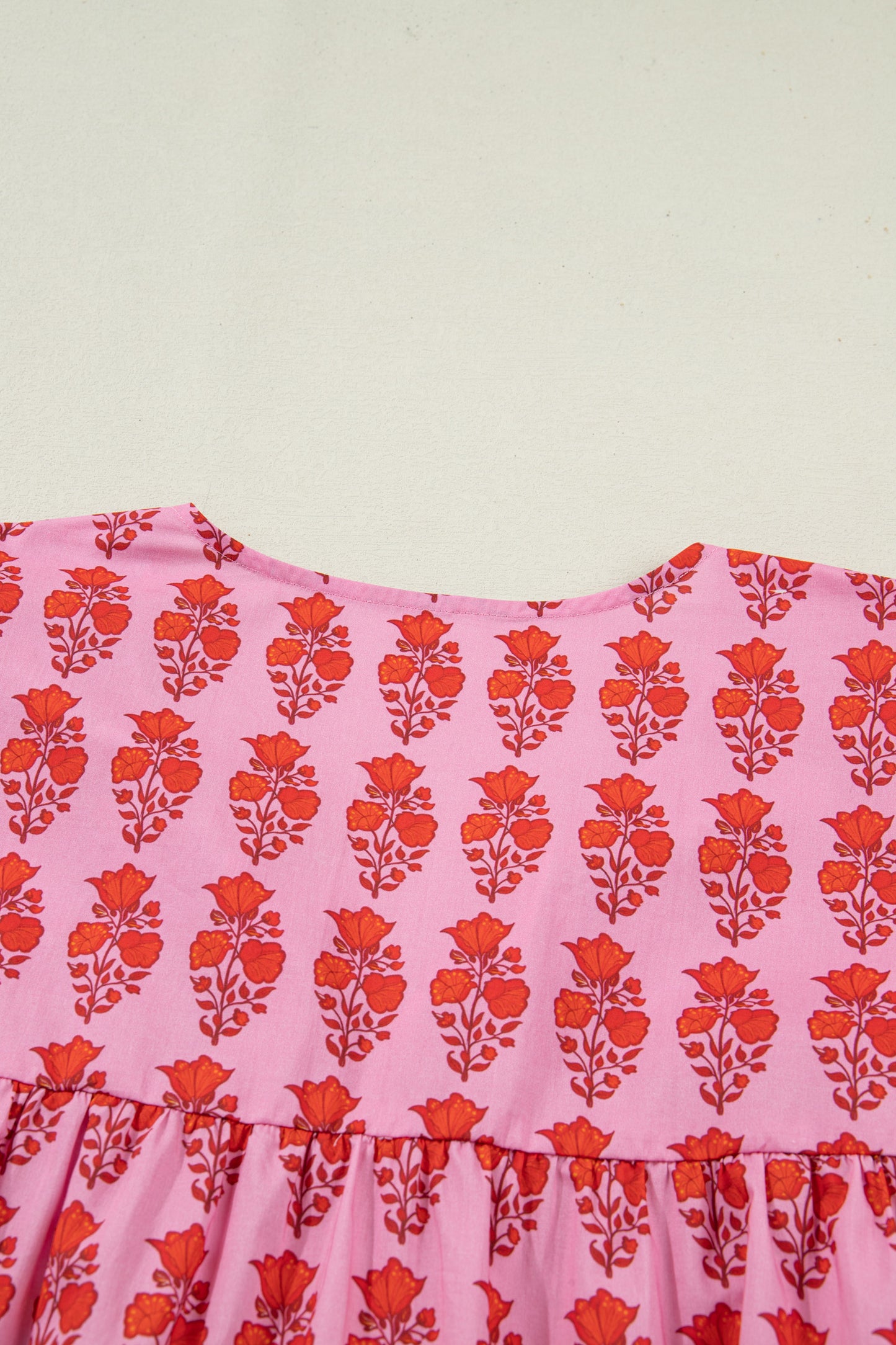 Pink Plus Size Floral Print Tassel Tie Puff Sleeve Cotton Blouse-Plus Size/Plus Size Tops/Plus Size Blouses & Shirts-[Adult]-[Female]-2022 Online Blue Zone Planet