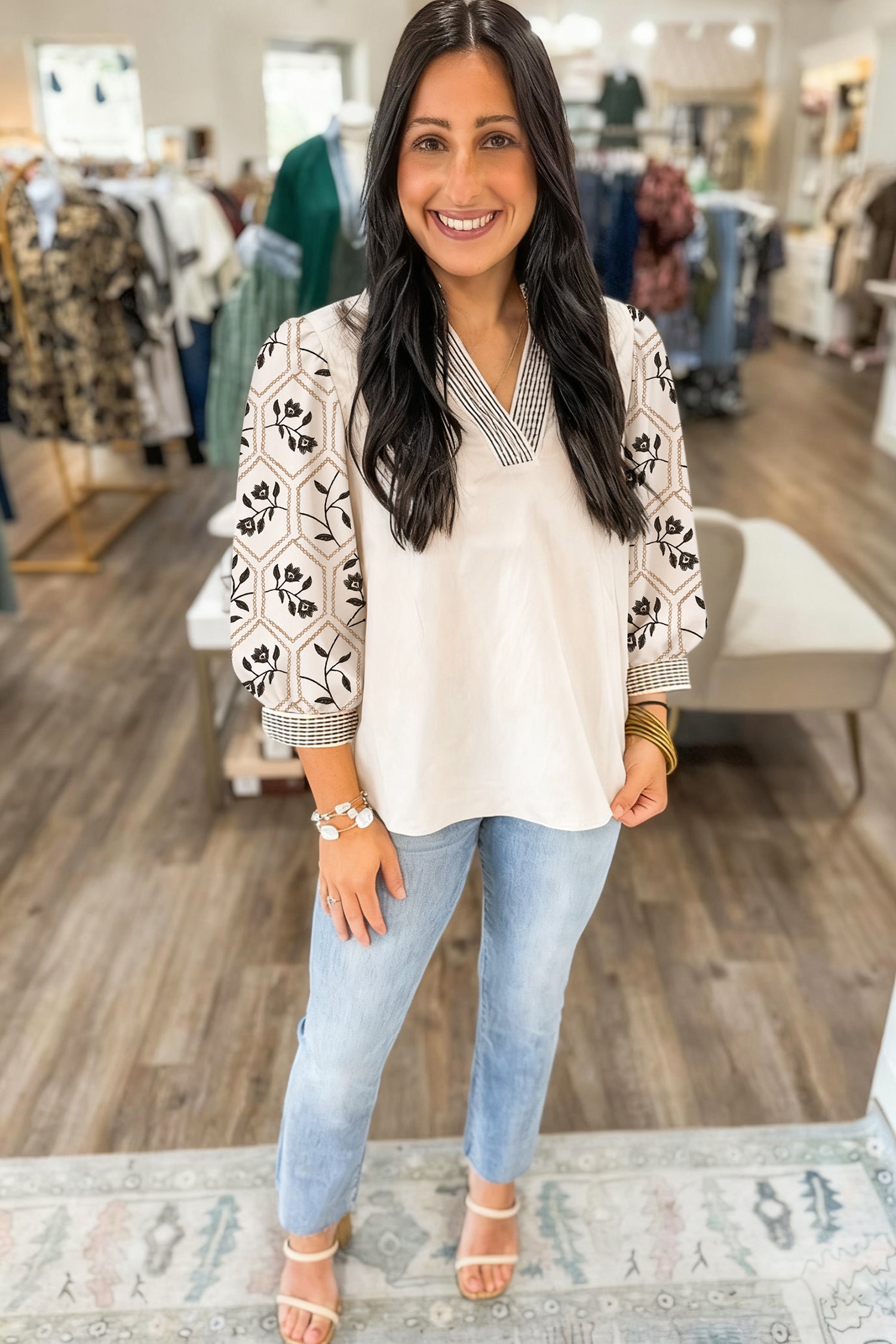 White Floral Puff Sleeve Contrast V Neck Patchwork Blouse-Tops/Blouses & Shirts-[Adult]-[Female]-2022 Online Blue Zone Planet