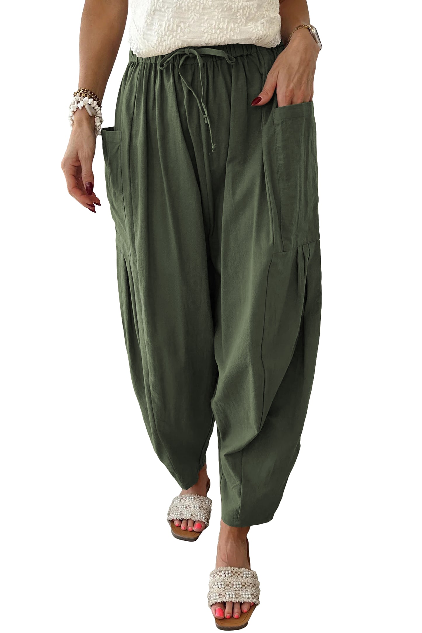 Jungle Green Drawstring Elastic Waist Patch Pocket Barrel Leg Casual Pants-Bottoms/Pants & Culotte-[Adult]-[Female]-2022 Online Blue Zone Planet
