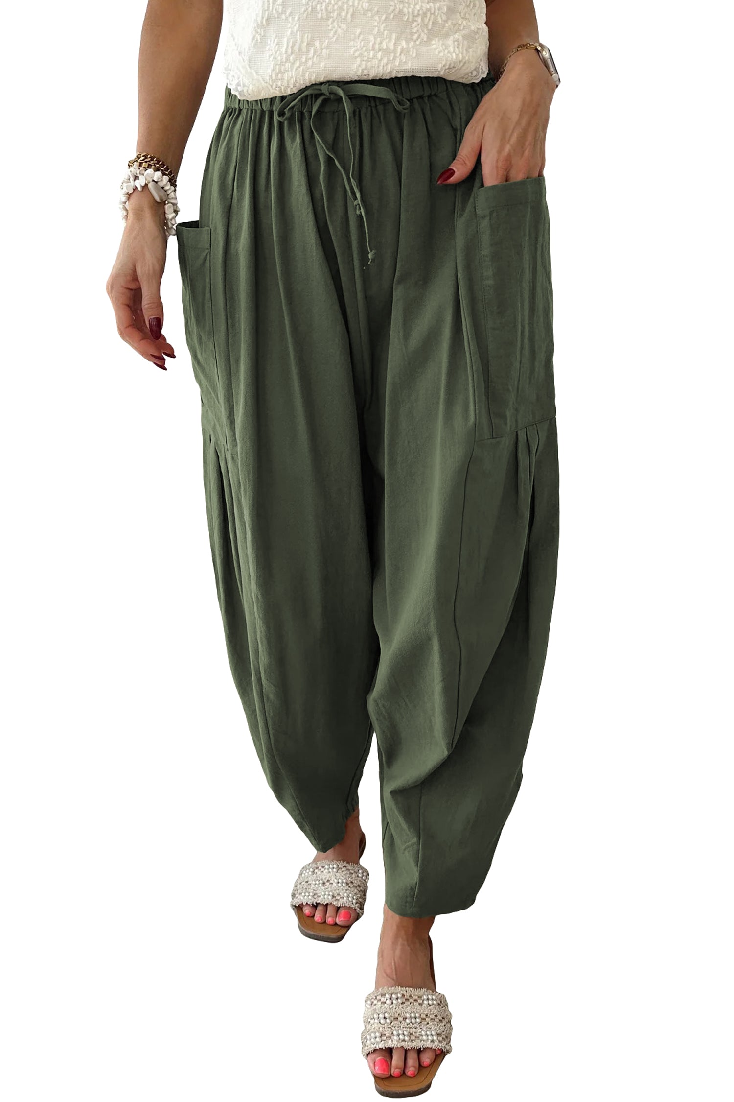Jungle Green Drawstring Elastic Waist Patch Pocket Barrel Leg Casual Pants-Bottoms/Pants & Culotte-[Adult]-[Female]-2022 Online Blue Zone Planet
