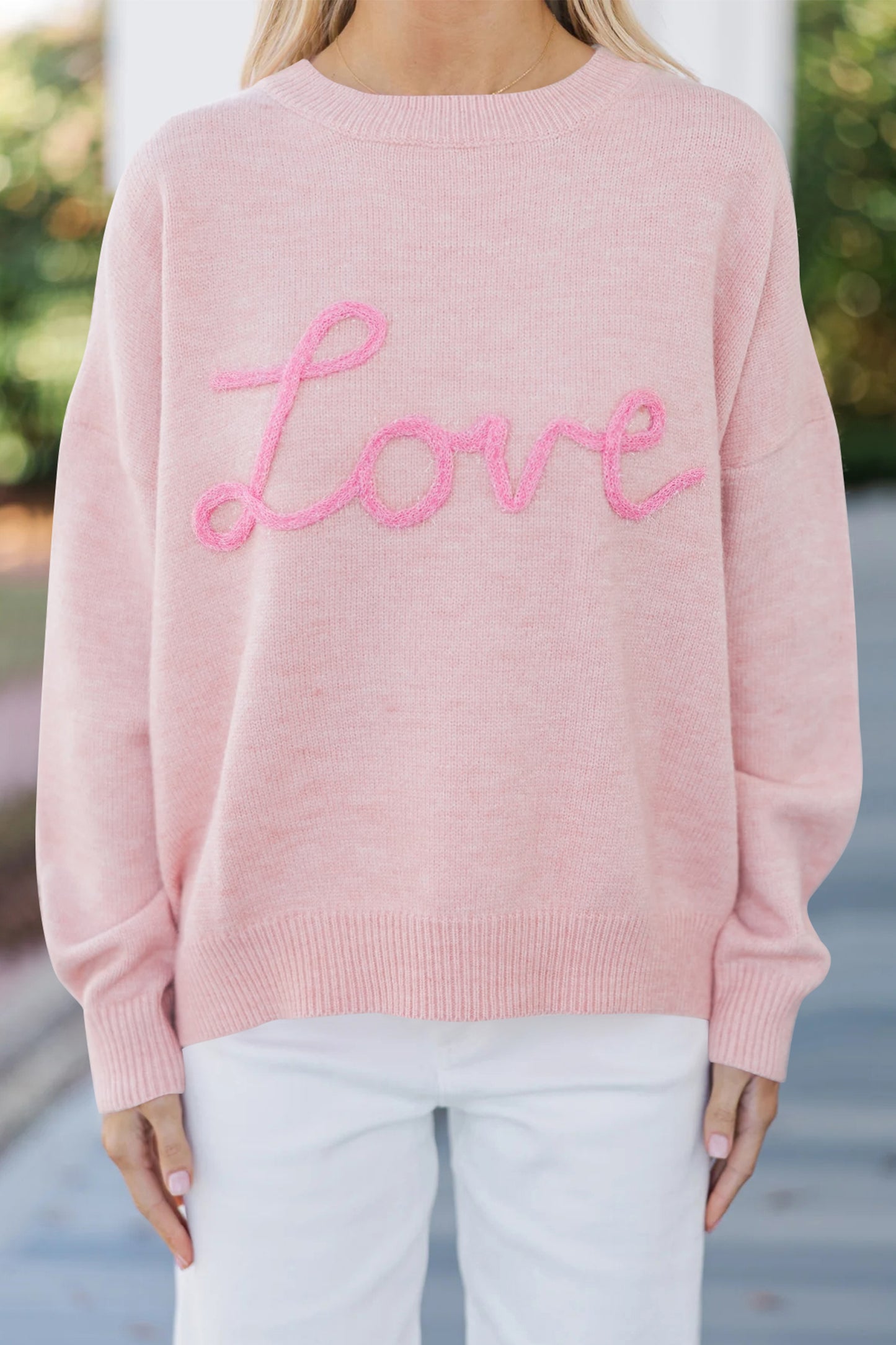 Pink Corded Love Script Graphic Baggy Sweater-TOPS / DRESSES-[Adult]-[Female]-2022 Online Blue Zone Planet