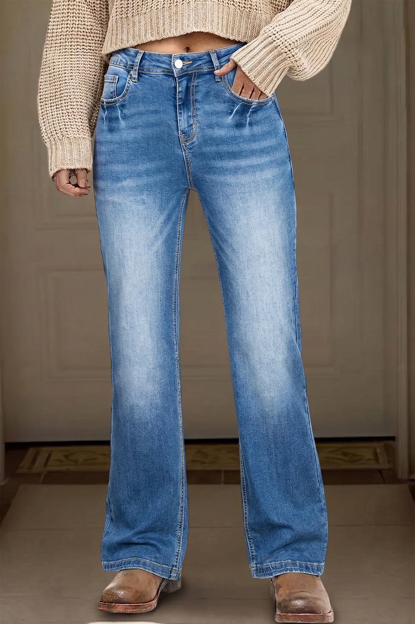 Myosotis Acid Washed Straight Leg Full Length Casual Jeans-Bottoms/Jeans-[Adult]-[Female]-2022 Online Blue Zone Planet