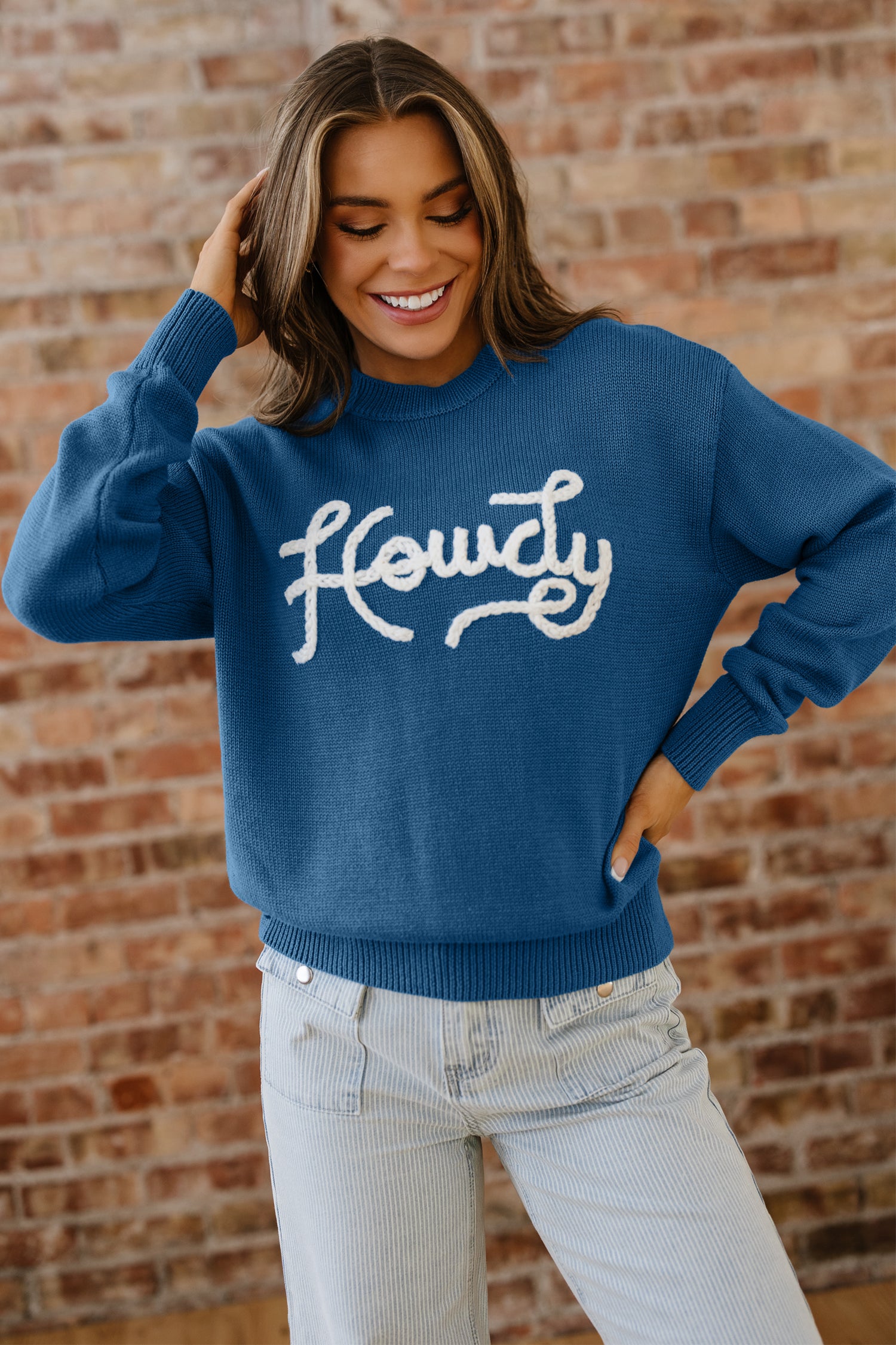 Dusk Blue Howdy Embroidered Graphic Western Sweater-TOPS / DRESSES-[Adult]-[Female]-2022 Online Blue Zone Planet