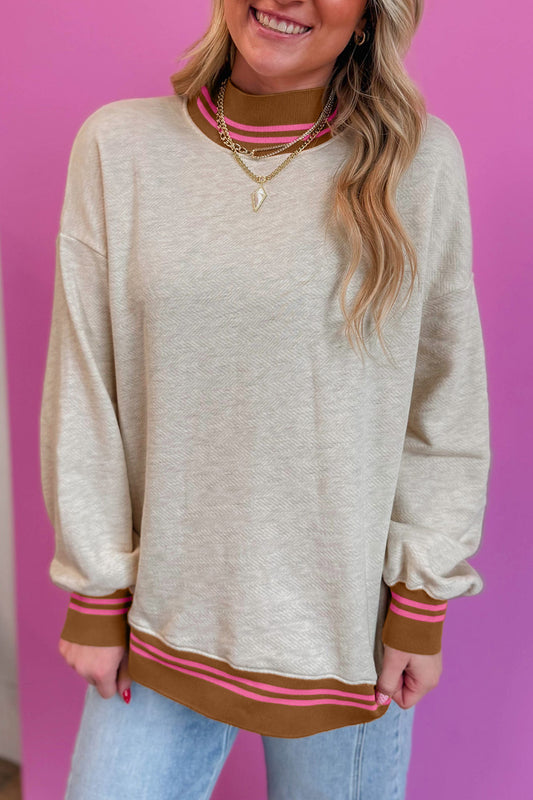 Gray Ribbed Stand Neck Long Sleeve Loose Fit Sweatshirt-Tops/Sweatshirts & Hoodies-[Adult]-[Female]-Gray-S-2022 Online Blue Zone Planet
