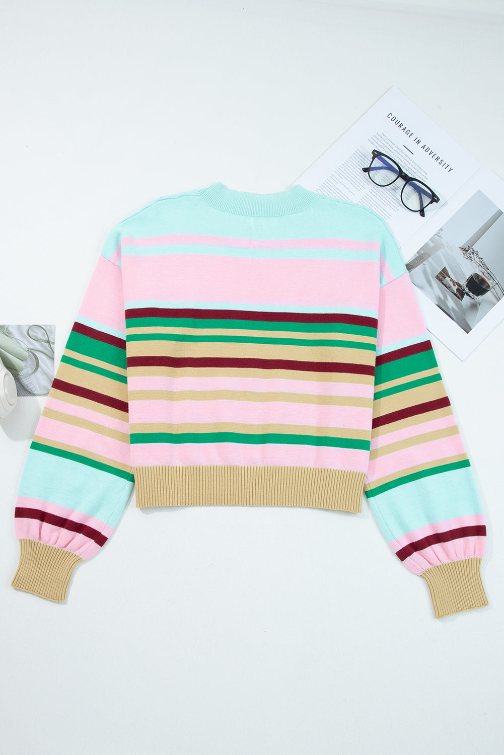 Multicolour Striped Knit Ribbed Trim Boxy Fit Cropped Sweater-Sweaters & Cardigans/Sweaters-[Adult]-[Female]-2022 Online Blue Zone Planet