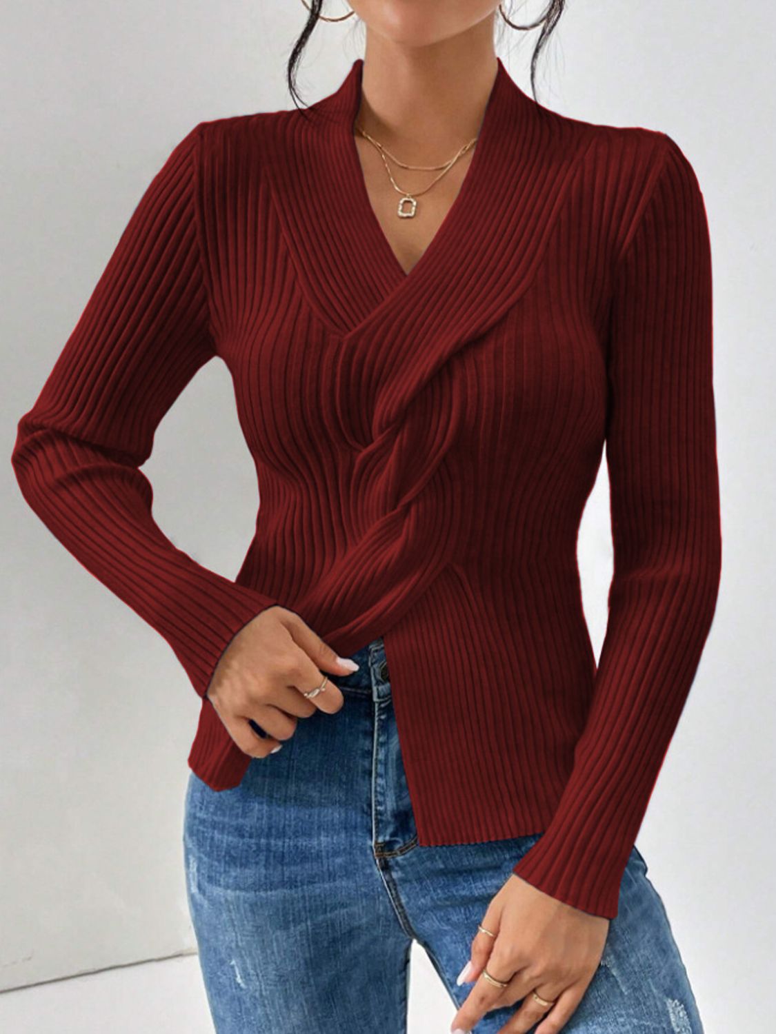 Twist Front Ribbed Long Sleeve Sweater-TOPS / DRESSES-[Adult]-[Female]-Burgundy-S-2022 Online Blue Zone Planet