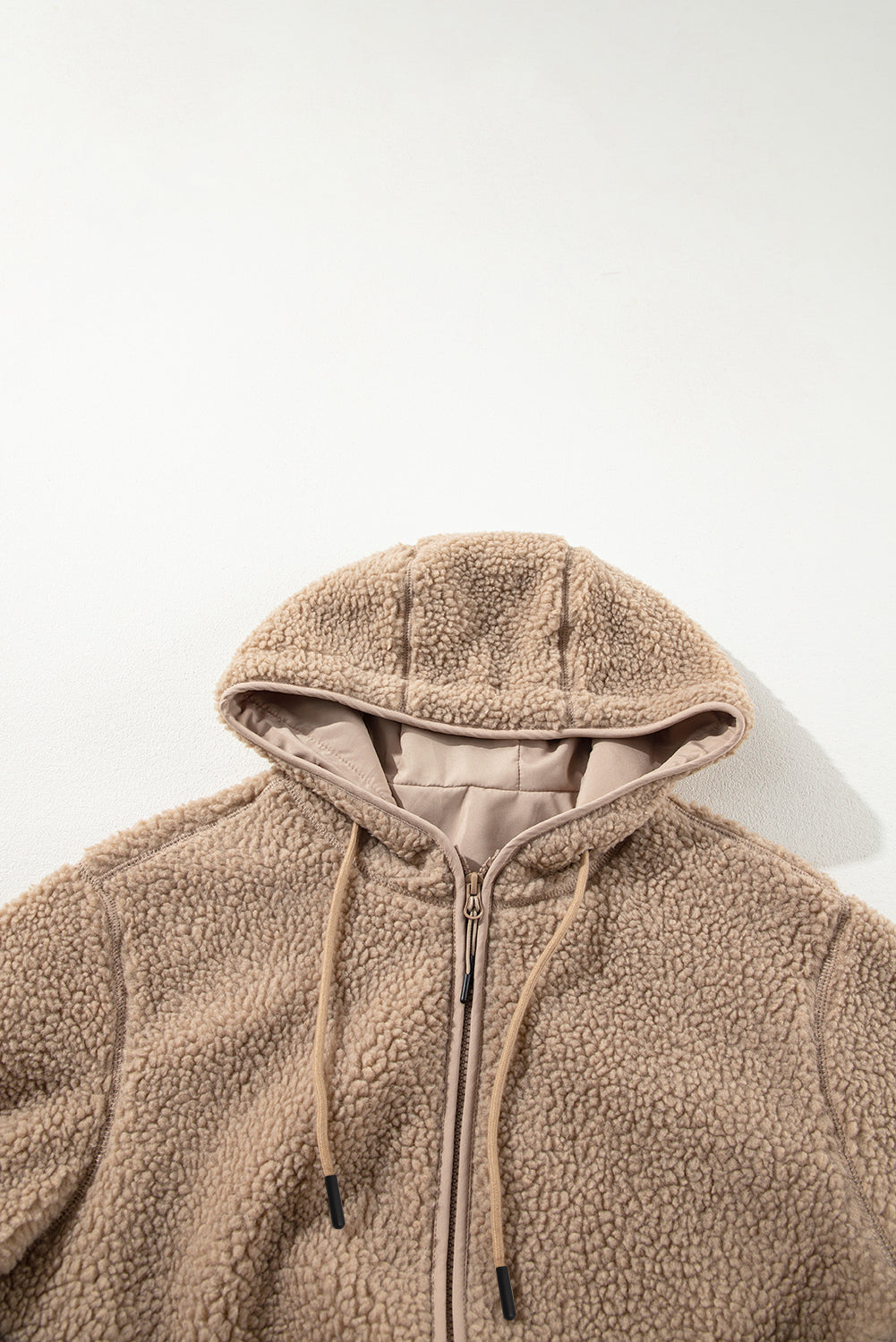 Blue Zone Planet | Pale Khaki Fleece Zip Up Drawstring Hooded Pocketed Jacket-Tops / Dresses-[Adult]-[Female]-2022 Online Blue Zone Planet
