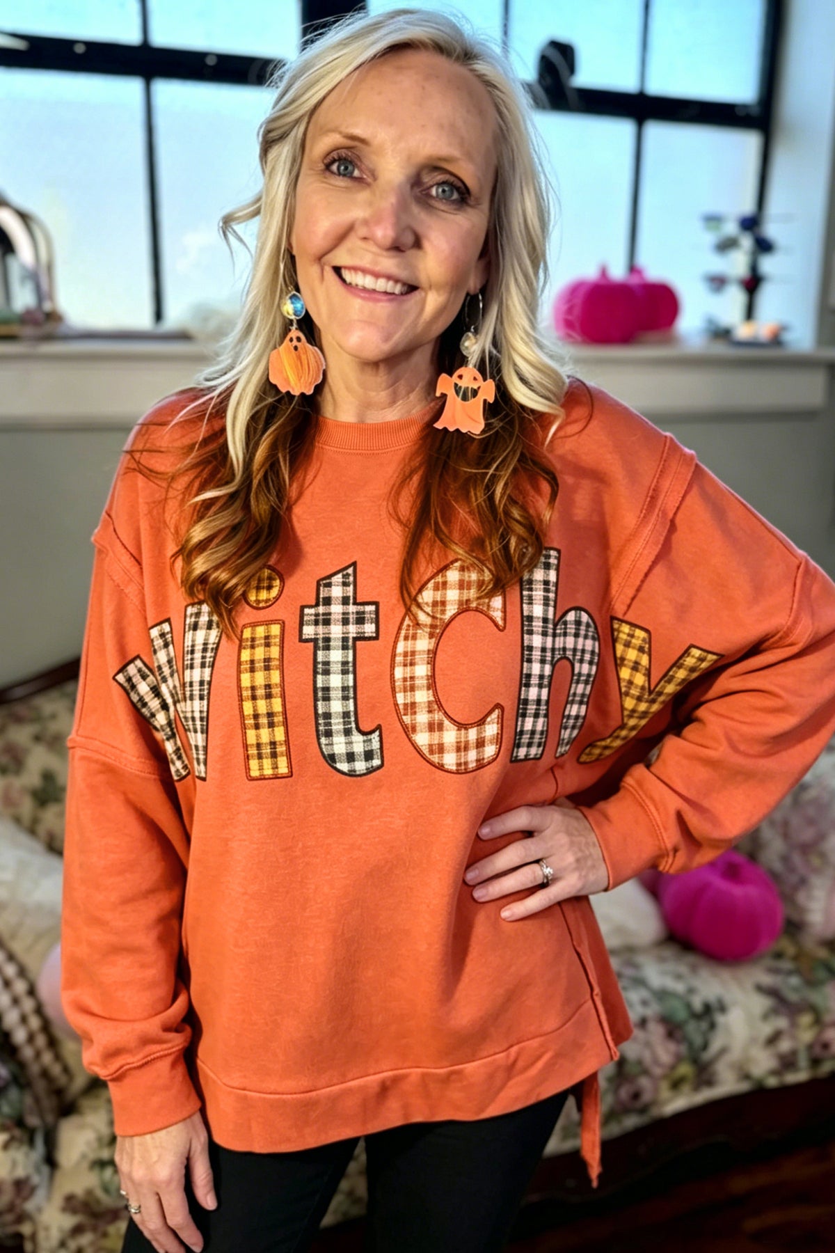 Flamingo Halloween Witchy Plaid Slogan Embroidered Patch Tunic Sweatshirt-Tops/Long Sleeve Tops-[Adult]-[Female]-2022 Online Blue Zone Planet