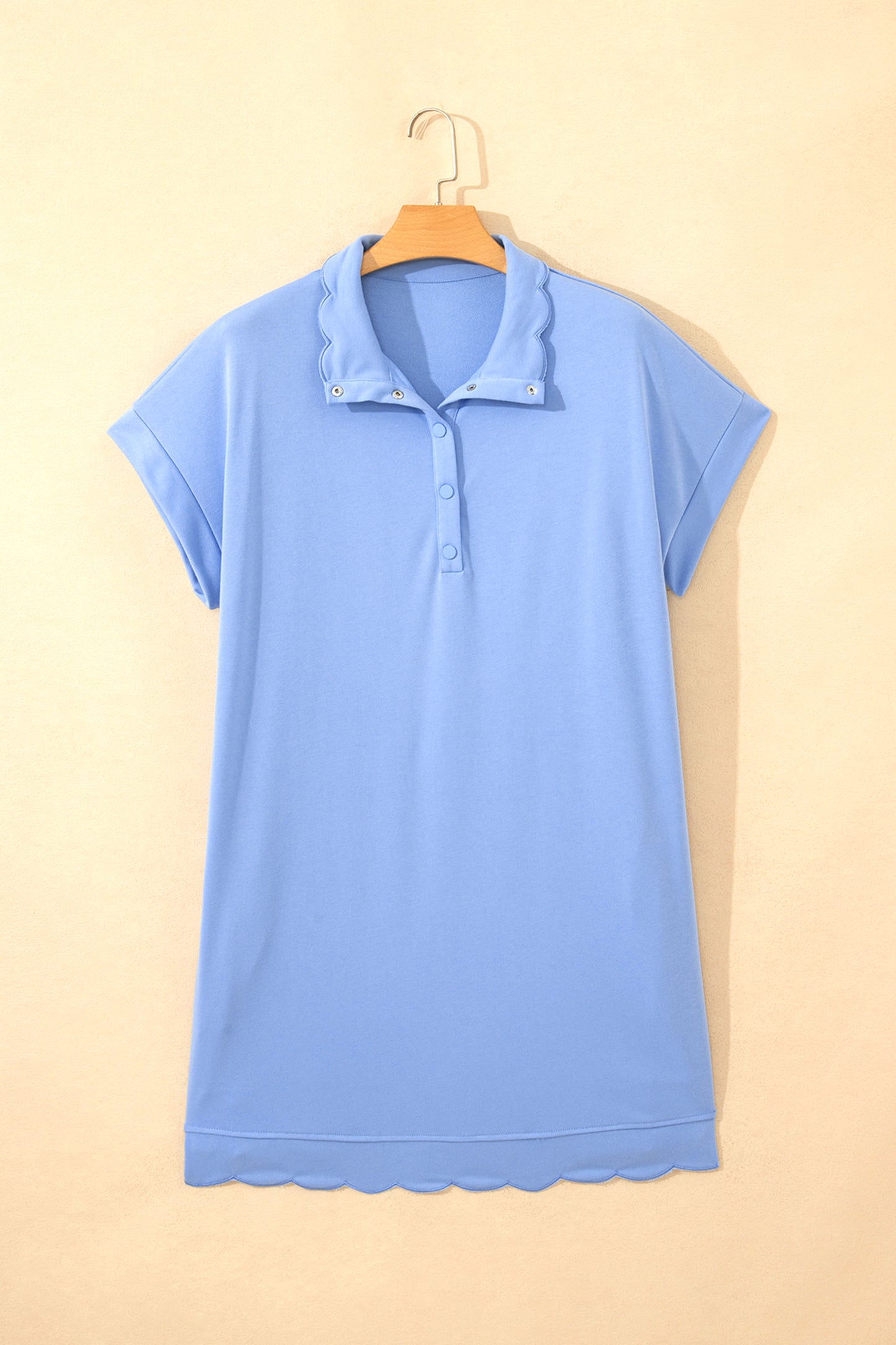 Beau Blue Plus Size Solid Scalloped Hem Button Neck Pullover Mini Dress-TOPS / DRESSES-[Adult]-[Female]-2022 Online Blue Zone Planet