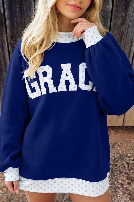Dirty blue Polka Dot Trim High Neck GRACE Letter Graphic Baggy Sweatshirt-Tops/Sweatshirts & Hoodies-[Adult]-[Female]-Dirty blue-S-2022 Online Blue Zone Planet